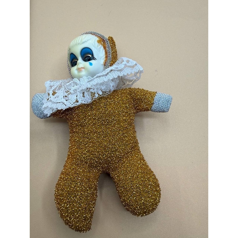Vintage Pixie Clown Doll Ornament W/ Gold, Silver & Lace W/‎ Blue Blinking Eyes